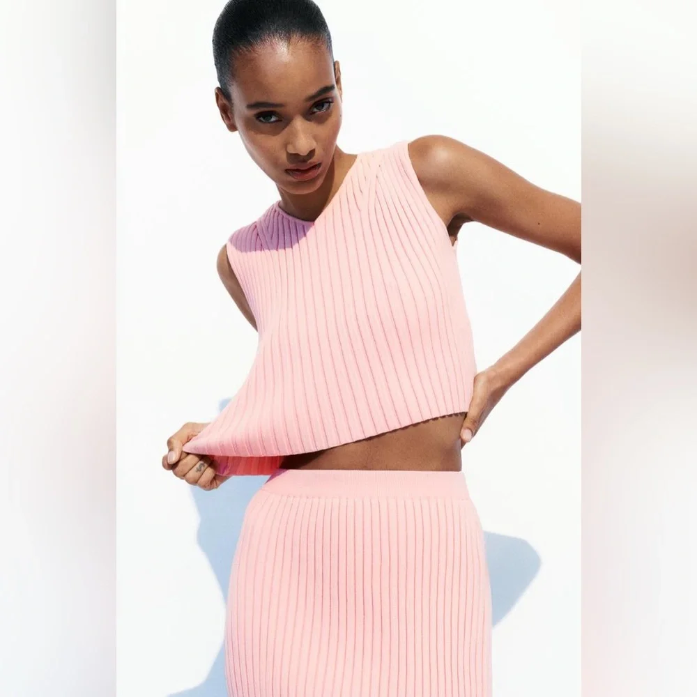 Zara Pink Ribbed Knit Two-Piece Skirt Set